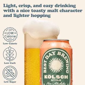 Best Day Brewing Kölsch Non-Alcoholic Craft Beer - 12 Pack - Premium Ingredients for Full Flavor - Low Carb & Low Calorie (12 fl oz cans)