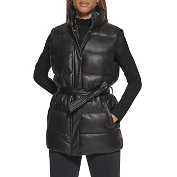 Levi's Women's Stylish Vegan Leather Puffer Vest with Removable Belt