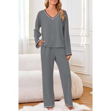 GUOLEZEEV Women's 2 Piece Lounge Set Long Sleeve Matching Pajamas Set Sleepwear Color Block Pjs Set Loungewear Outfits Grey XL