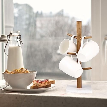 Buruis Wood Mug Holder with Marble Base for 6 Mugs