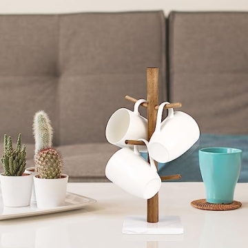 Buruis Wood Mug Holder with Marble Base for 6 Mugs