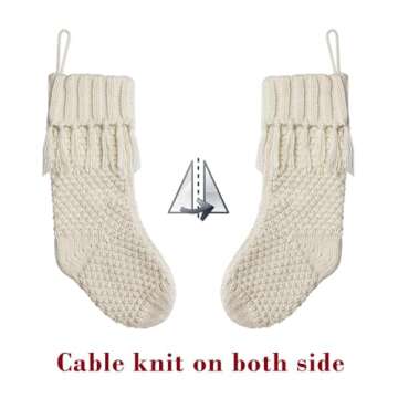 LimBridge Christmas Stockings Cable Knit, 3 Pack 18 inches White Large Size Knitted Stockings, Rustic Christmas Ornaments Farmhouse Boho Style Stocking Decorations for Family Holiday Season Decor