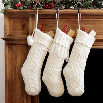 LimBridge Christmas Stockings Cable Knit, 3 Pack 18 inches White Large Size Knitted Stockings, Rustic Christmas Ornaments Farmhouse Boho Style Stocking Decorations for Family Holiday Season Decor