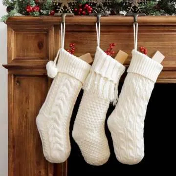 LimBridge Christmas Stockings Cable Knit, 3 Pack 18 inches White Large Size Knitted Stockings, Rustic Christmas Ornaments Farmhouse Boho Style Stocking Decorations for Family Holiday Season Decor