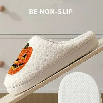 EGAEATU Halloween Slippers for Women,Soft Plush Comfy Halloween Pumpkin Slippers Slip-on Cozy Indoor Outdoor Slippers Fluffy house slippers for Women Men-White