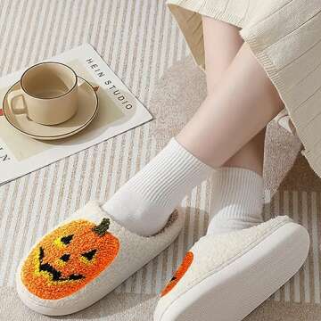 EGAEATU Halloween Slippers for Women,Soft Plush Comfy Halloween Pumpkin Slippers Slip-on Cozy Indoor Outdoor Slippers Fluffy house slippers for Women Men-White