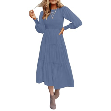 ZESICA Women's 2024 Casual Long Sleeve Crew Neck High Waist Smocked Flowy Tiered Midi Dress,Dustyblu...