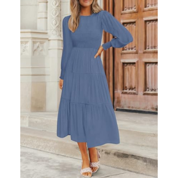 ZESICA Women's 2024 Casual Long Sleeve Crew Neck High Waist Smocked Flowy Tiered Midi Dress,Dustyblue,Large