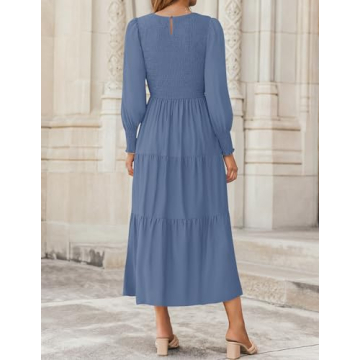 ZESICA Women's 2024 Casual Long Sleeve Crew Neck High Waist Smocked Flowy Tiered Midi Dress,Dustyblue,Large