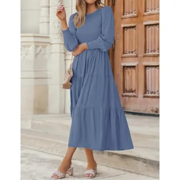 ZESICA Women's 2024 Casual Long Sleeve Crew Neck High Waist Smocked Flowy Tiered Midi Dress,Dustyblue,Large