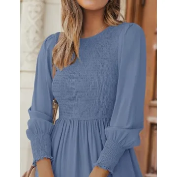 ZESICA Women's 2024 Casual Long Sleeve Crew Neck High Waist Smocked Flowy Tiered Midi Dress,Dustyblue,Large