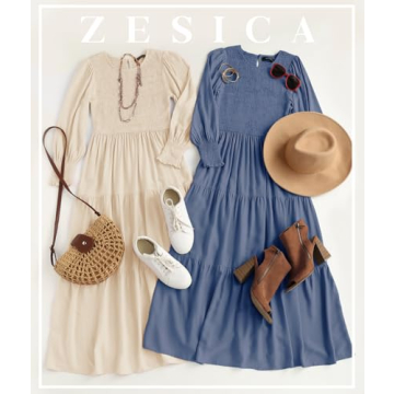 ZESICA Women's 2024 Casual Long Sleeve Crew Neck High Waist Smocked Flowy Tiered Midi Dress,Dustyblue,Large