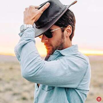 Minnetonka Outback Hat-Flat Brimmed Cowboy Hat for Men and Women Made with Distressed Leather, Hidden Steel Wire in Brim.