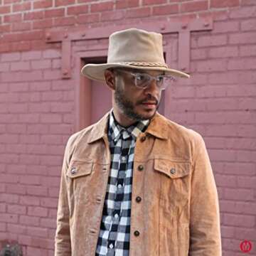 Minnetonka Outback Hat-Flat Brimmed Cowboy Hat for Men and Women Made with Distressed Leather, Hidden Steel Wire in Brim.