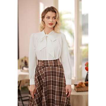 Belle Poque Womens White Blouse Long Sleeve Tie Neck Button Up Formal Blouse Shirts Casual Work Business Dressy White M