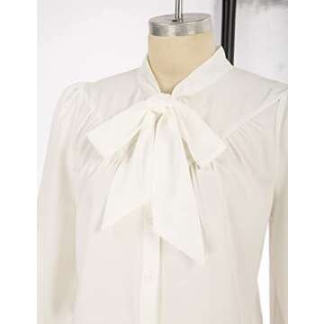Belle Poque Womens White Blouse Long Sleeve Tie Neck Button Up Formal Blouse Shirts Casual Work Business Dressy White M