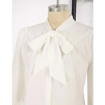 Belle Poque Womens White Blouse Long Sleeve Tie Neck Button Up Formal Blouse Shirts Casual Work Business Dressy White M