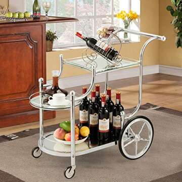 Tangkula Rolling Bar Cart, Metal Serving Cart with Tempered Glass, 3-Tier Glass Bar and Serving Cart, Tea Serving Bar Cart with 4 Wheels, Suitable for Restaurant, Hotel, Home (Silver)
