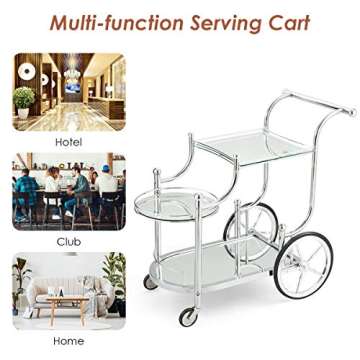 Tangkula Rolling Bar Cart, Metal Serving Cart with Tempered Glass, 3-Tier Glass Bar and Serving Cart, Tea Serving Bar Cart with 4 Wheels, Suitable for Restaurant, Hotel, Home (Silver)