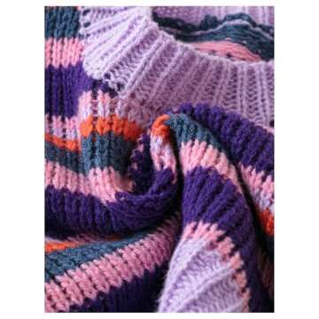 MakeMeChic Women's Y2K Striped Cropped Sweaters Long Sleeve Crew Neck Knitted Crochet Sweater Pullovers Tops