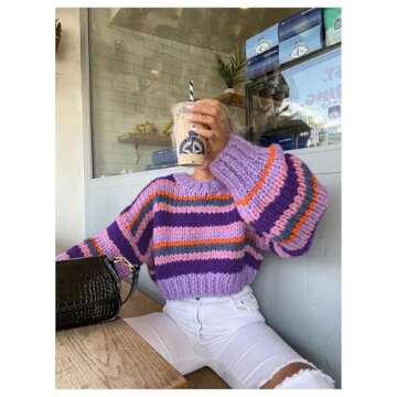 MakeMeChic Women's Y2K Striped Cropped Sweaters Long Sleeve Crew Neck Knitted Crochet Sweater Pullovers Tops