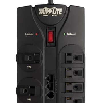 Tripp Lite 12 Outlet Surge Protector Power Strip, 8ft Cord, Right-Angle Plug, Tel/Modem/Coax/Ethernet Protection, RJ11, RJ45, & $250,000 INSURANCE (TLP1208SAT) Black