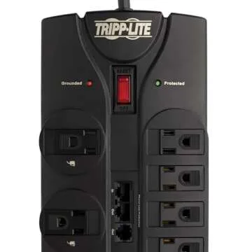Tripp Lite 12 Outlet Surge Protector Power Strip, 8ft Cord, Right-Angle Plug, Tel/Modem/Coax/Ethernet Protection, RJ11, RJ45, & $250,000 INSURANCE (TLP1208SAT) Black