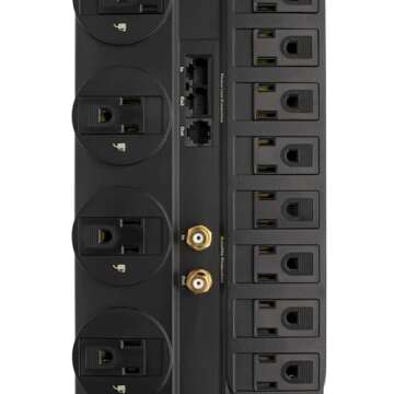 Tripp Lite 12 Outlet Surge Protector Power Strip, 8ft Cord, Right-Angle Plug, Tel/Modem/Coax/Ethernet Protection, RJ11, RJ45, & $250,000 INSURANCE (TLP1208SAT) Black