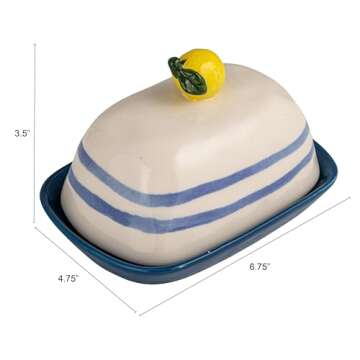 Creative Co-Op Hand-Painted Stoneware Butter Dish with Lemon Handle, Vibrant Design