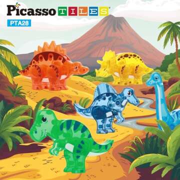 PicassoTiles Magnet Tile Dinosaur Action Figure Playset Mix or Match Compatible Prehistoric Parts ST...