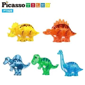 PicassoTiles Magnet Tile Dinosaur Action Figure Playset Mix or Match Compatible Prehistoric Parts STEM Magnetic Tiles for Creative Building Imaginative Educational Pretend Play Toddlers Ages 3+ PTA28