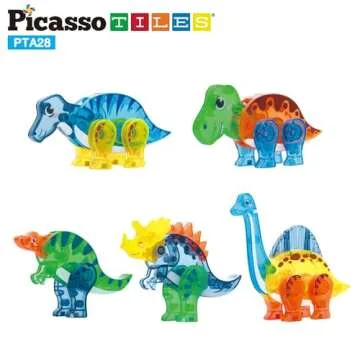 PicassoTiles Magnet Tile Dinosaur Action Figure Playset Mix or Match Compatible Prehistoric Parts STEM Magnetic Tiles for Creative Building Imaginative Educational Pretend Play Toddlers Ages 3+ PTA28