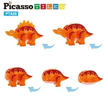 PicassoTiles Magnet Tile Dinosaur Action Figure Playset Mix or Match Compatible Prehistoric Parts STEM Magnetic Tiles for Creative Building Imaginative Educational Pretend Play Toddlers Ages 3+ PTA28