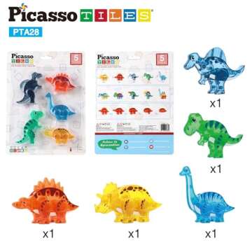 PicassoTiles Magnet Tile Dinosaur Action Figure Playset Mix or Match Compatible Prehistoric Parts STEM Magnetic Tiles for Creative Building Imaginative Educational Pretend Play Toddlers Ages 3+ PTA28