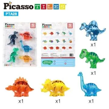 PicassoTiles Magnet Tile Dinosaur Action Figure Playset Mix or Match Compatible Prehistoric Parts STEM Magnetic Tiles for Creative Building Imaginative Educational Pretend Play Toddlers Ages 3+ PTA28