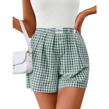 LOMON Women's Boxer Shorts Casual Summer Cotton Pajama Lounge Sleep Pj Gingham Plaid Shorts (Green W...