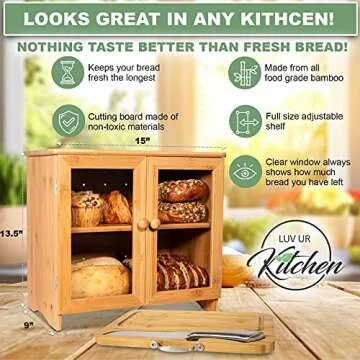 LuvURkitchen Large Wooden Bread Box With Cutting Board And Knife