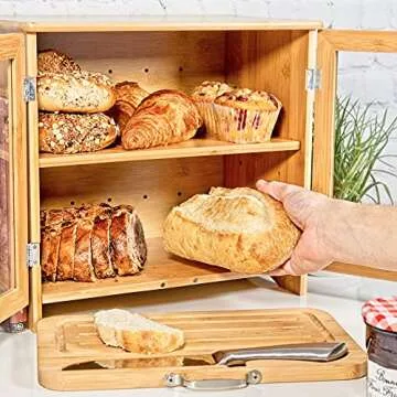 LuvURkitchen Large Wooden Bread Box With Cutting Board And Knife