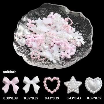 Fcozpjk Bows Nail Charms, 100PCS Bow Charms for Nails, White Pink Heart Stars Round Multi Shape Pearl Nail Charms, Flatback Kawaii Nail Art Rhinestones, Nail Jewels, Manicure Decoration