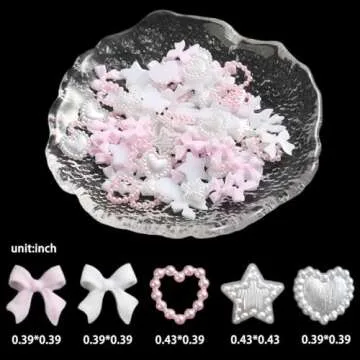 Fcozpjk Bows Nail Charms, 100PCS Bow Charms for Nails, White Pink Heart Stars Round Multi Shape Pearl Nail Charms, Flatback Kawaii Nail Art Rhinestones, Nail Jewels, Manicure Decoration