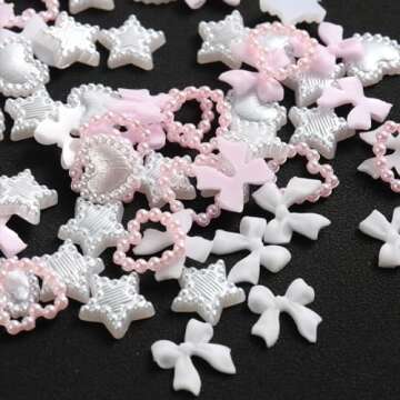 Fcozpjk Bows Nail Charms, 100PCS Bow Charms for Nails, White Pink Heart Stars Round Multi Shape Pearl Nail Charms, Flatback Kawaii Nail Art Rhinestones, Nail Jewels, Manicure Decoration