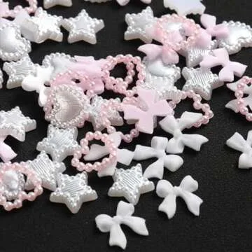 Fcozpjk Bows Nail Charms, 100PCS Bow Charms for Nails, White Pink Heart Stars Round Multi Shape Pearl Nail Charms, Flatback Kawaii Nail Art Rhinestones, Nail Jewels, Manicure Decoration