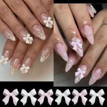 Fcozpjk Bows Nail Charms, 100PCS Bow Charms for Nails, White Pink Heart Stars Round Multi Shape Pearl Nail Charms, Flatback Kawaii Nail Art Rhinestones, Nail Jewels, Manicure Decoration