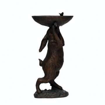 Decorative Resin Rabbit Bird Bath, Green Patina Finish