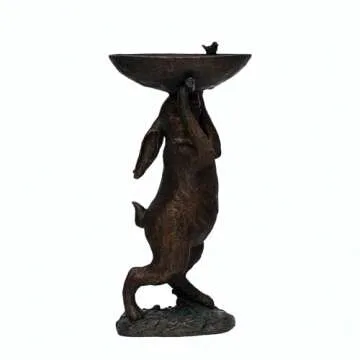 Decorative Resin Rabbit Bird Bath, Green Patina Finish