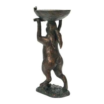 Decorative Resin Rabbit Bird Bath, Green Patina Finish