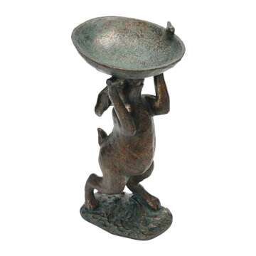 Decorative Resin Rabbit Bird Bath, Green Patina Finish