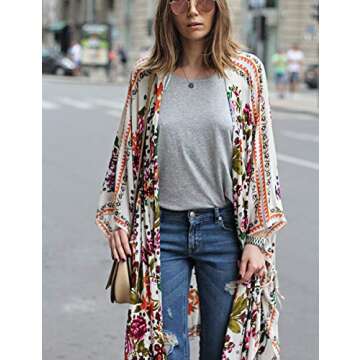 olrain Women Floral Flowy Kimono Cardigan Long Bikini Beach Cover Up Loose Tops (White Small)