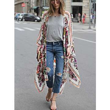olrain Women Floral Flowy Kimono Cardigan Long Bikini Beach Cover Up Loose Tops (White Small)