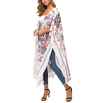 olrain Women Floral Flowy Kimono Cardigan Long Bikini Beach Cover Up Loose Tops (White Small)